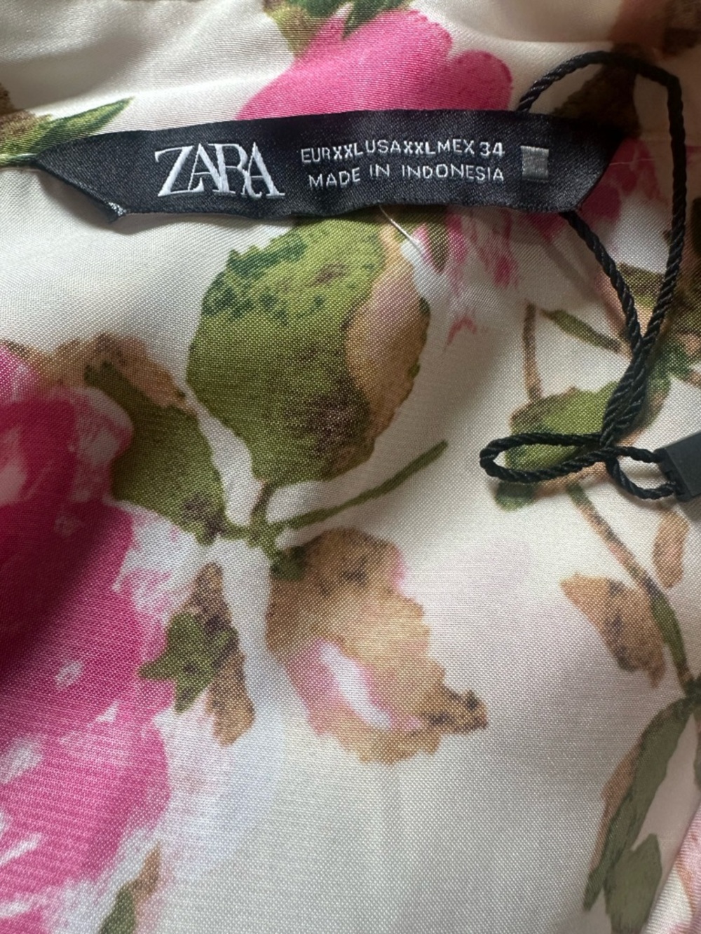 Zara Satin Effect Floral Button-Down Blouse Shirt Cream Pink Green  Sz XXL NWOT - Picture 9 of 10